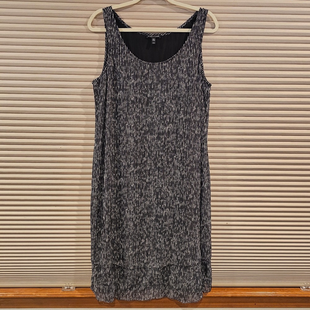 Eileen Fisher Black White Silk Dash Print Sleeveless Shift Dress Medium F7PCX